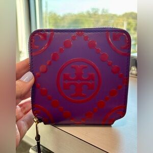 Tory Burch Purple and Red Wallet Wild Thistle Tory Red Embossed Bifold